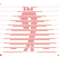 An abstract design composed of horizontal red lines arranged to form a symmetrical, oval shape with a central vertical line.
