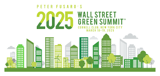 Green cityscape illustration promoting the 2025 Wall Street Green Summit by Peter Fusaro, featuring buildings, trees, and clouds.