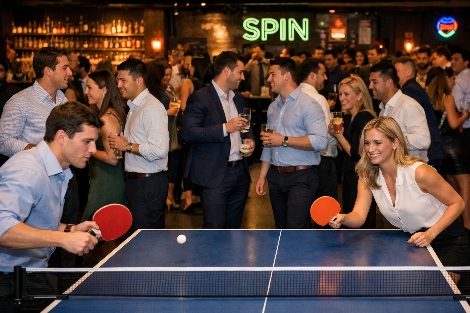 People playing ping pong at a lively bar or party, with many guests socializing and drinking in the background. A neon sign reading 'SPIN' is visible in the background.