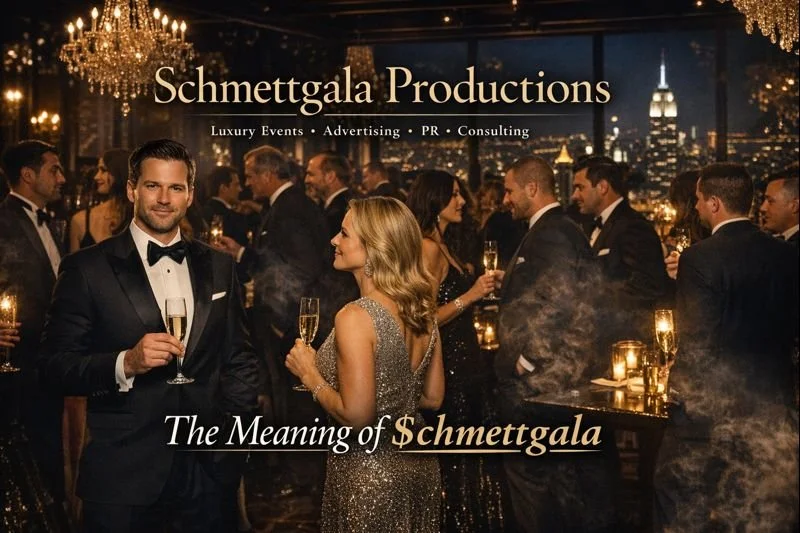 A crowded luxury event with guests in formal attire, champagne glasses, chandeliers, and city skyline view at night. The image promotes Schmettgala Productions, highlighting luxury events, advertising, PR, and consulting, with a focus on the meaning of the word 'schmettgala'.