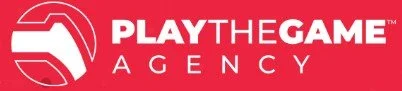 PlayTheGame Agency logo with white text on a red background.