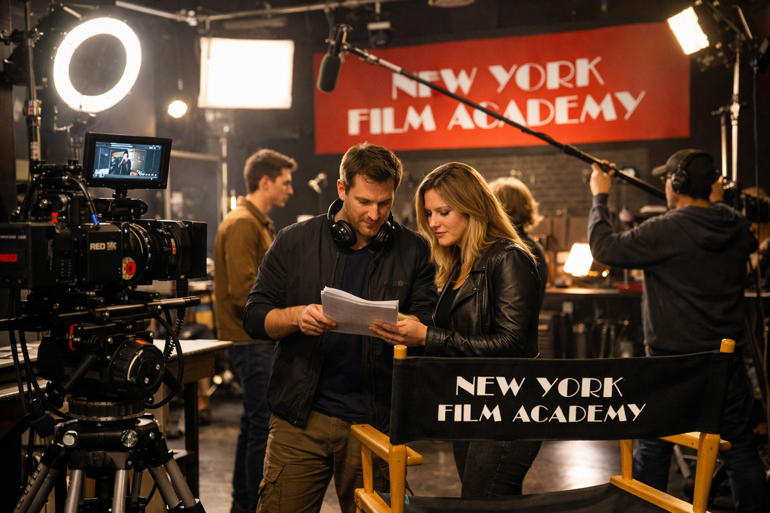 Film crew on set at New York Film Academy, with two people reviewing script, surrounded by camera equipment, lighting, and crew members in a studio.