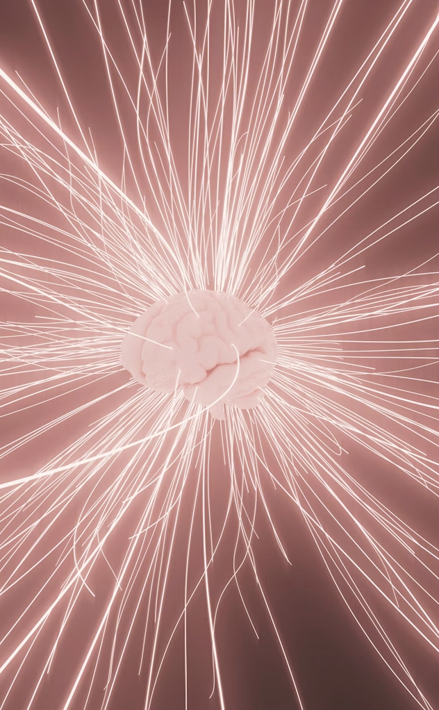A brain surrounded by bright sparks or light streaks radiating outward, resembling an explosion or burst of energy.