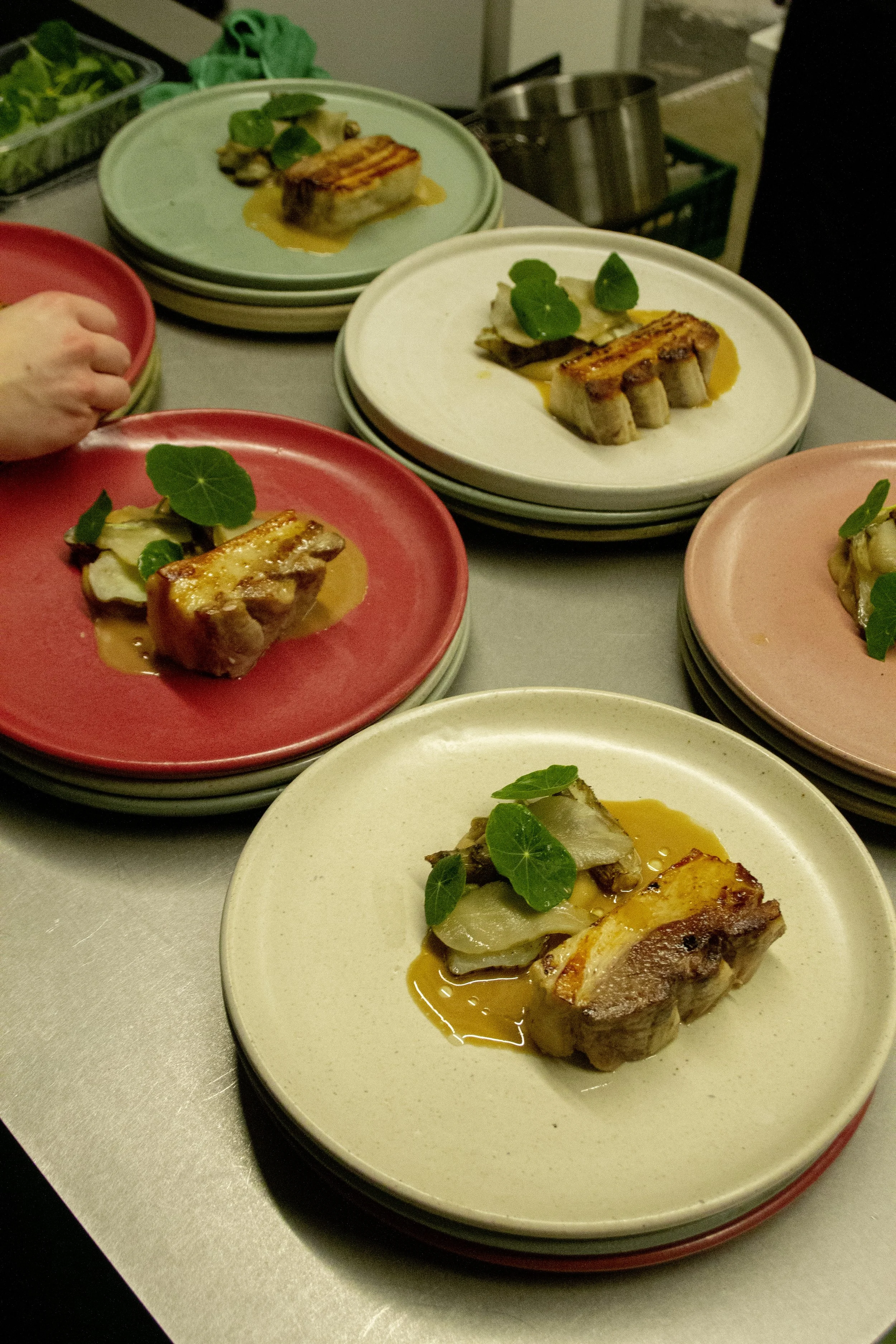Plates with plated gourmet pork chop with sauce and garnish, arranged on colored plates on a kitchen countertop.