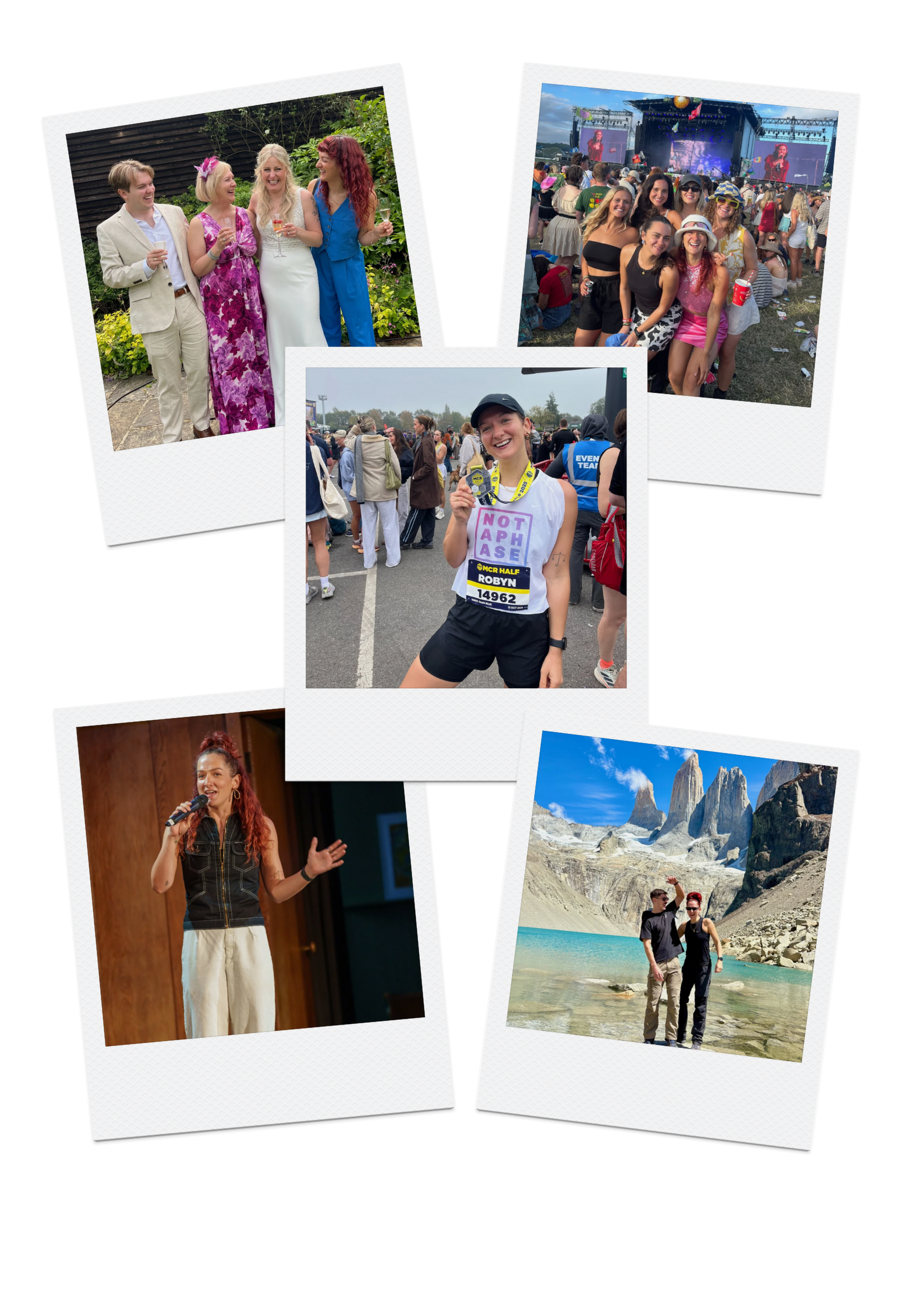 Collage of five photos: four women in formal attire at a garden party, a group of young women at an outdoor concert, a woman runner with a medal at a race, a woman speaking at an indoor event, and two people hiking by a lake with mountains in the background.