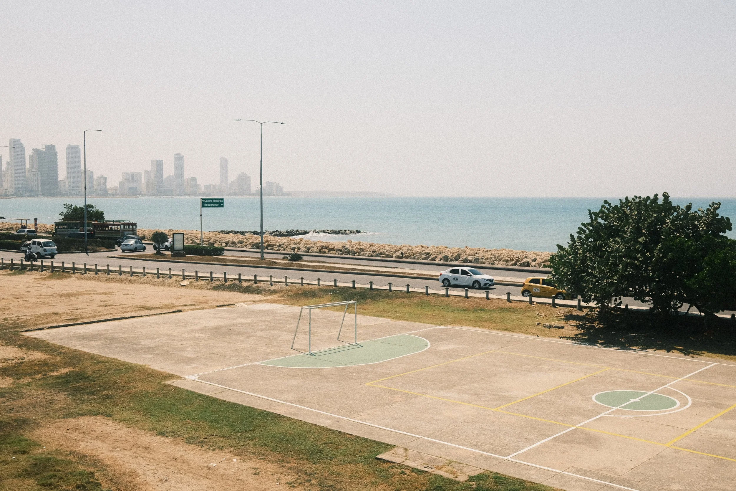 An outdoor basketball court near a beach with a city skyline in the background, a tree on the right, and a street with cars in the middle ground.