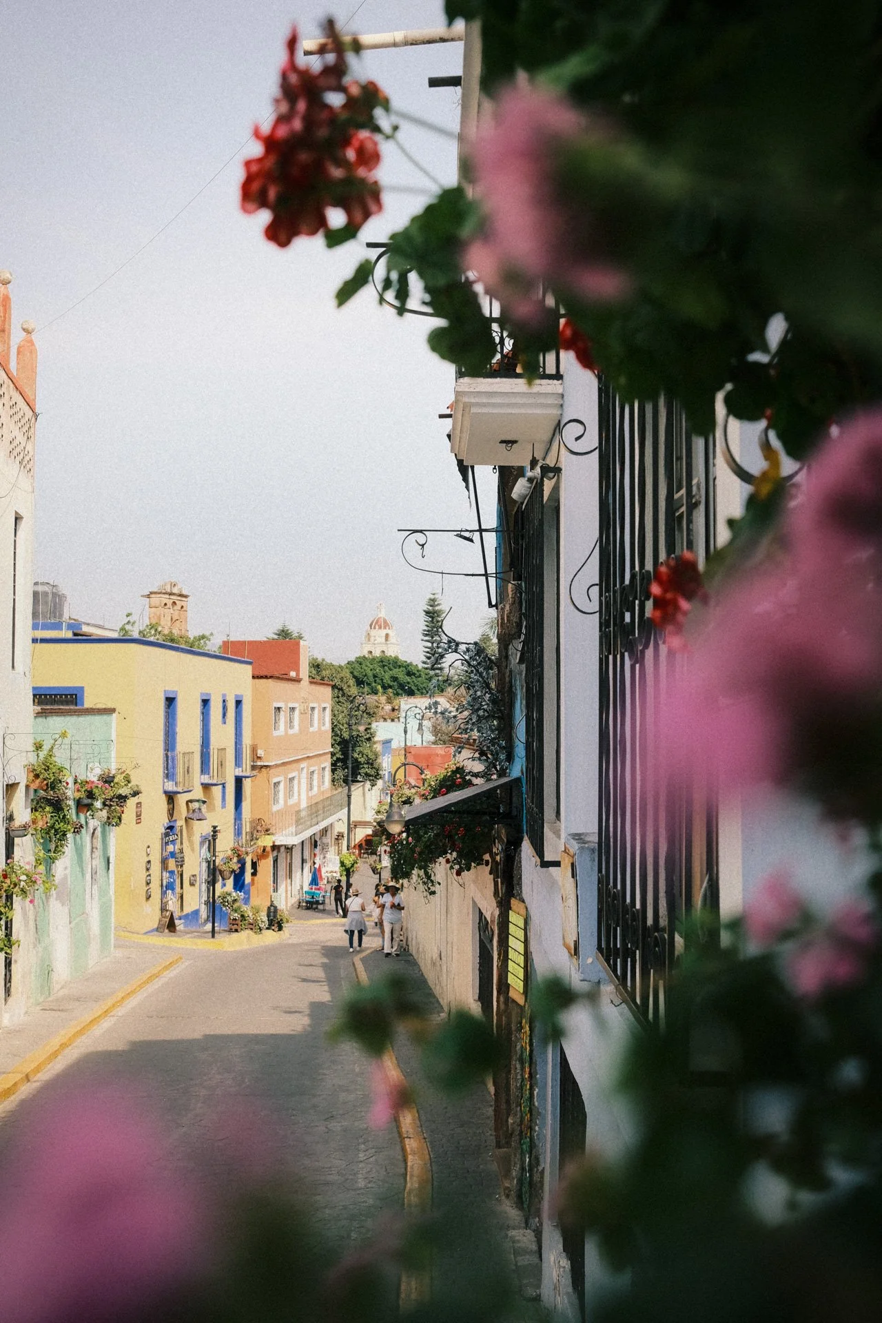 A narrow street with colorful buildings, pink and red flowers in the foreground, and a hill with a church in the distance.