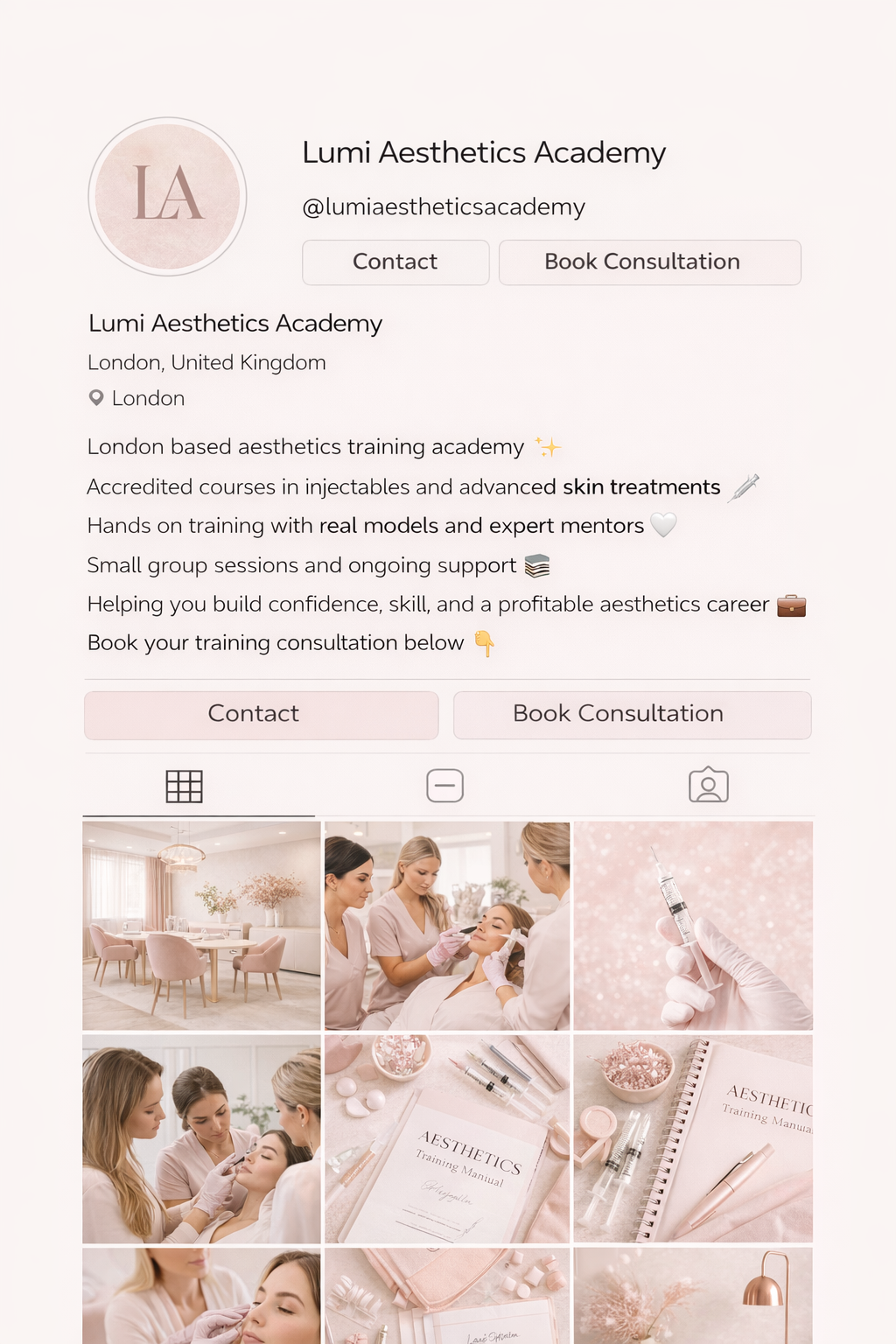 Instagram profile for Lumi Aesthetics Academy, showing a logo, brief description of aesthetic training courses, and a grid of images including a treatment room, women receiving aesthetic procedures, and training manuals with syringes and skincare pro