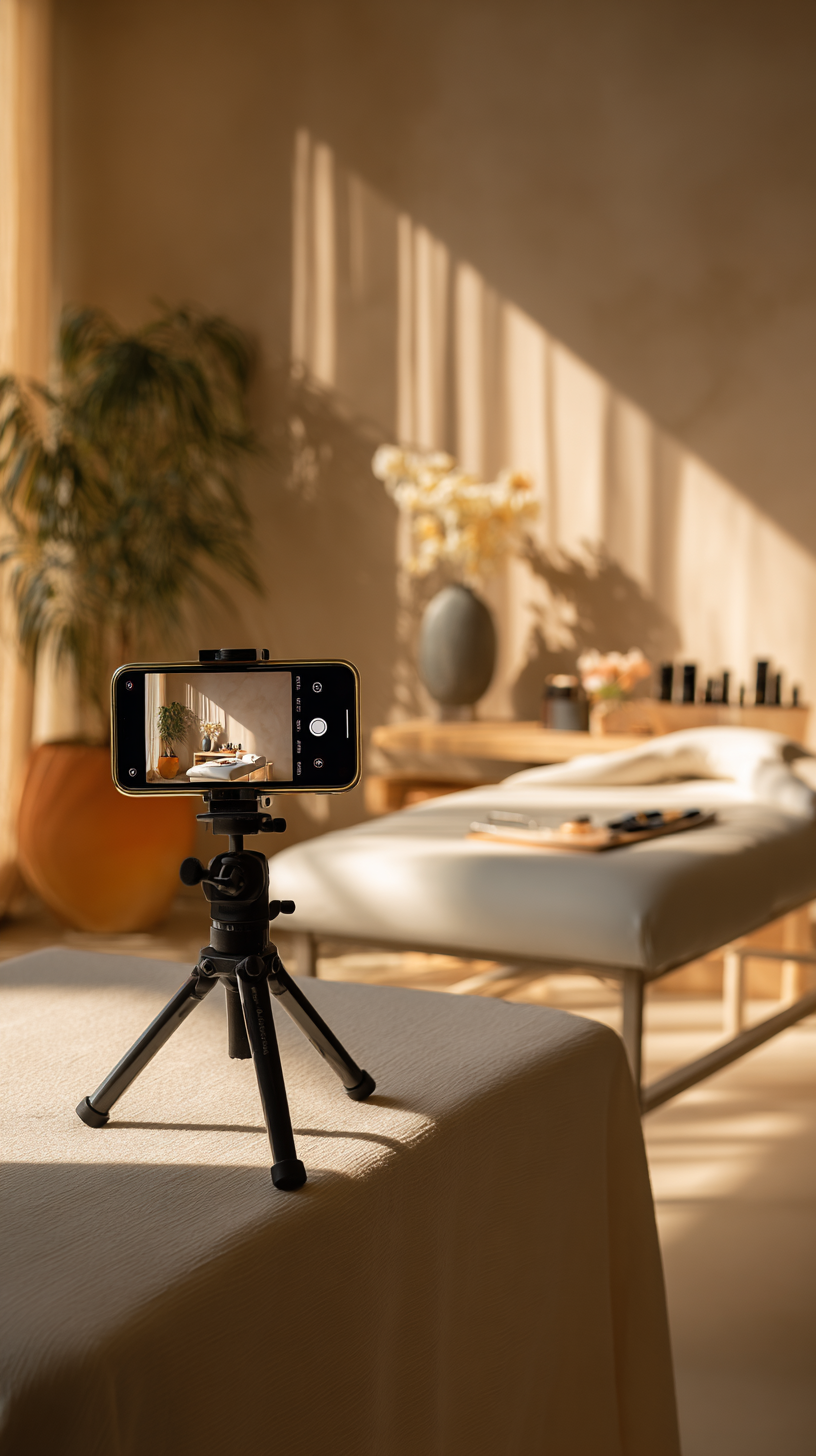 Camera on tripod recording a massage table in a warmly lit room with decorative items and plants.