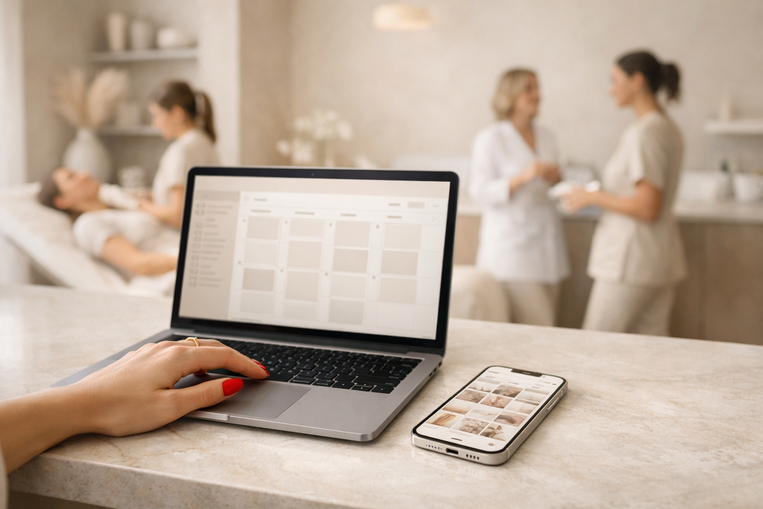 A person's hand with red nail polish using a laptop with an open calendar and a smartphone displaying photos on a countertop, with a blurred scene of four women in medical scrubs in a clinical setting in the background.