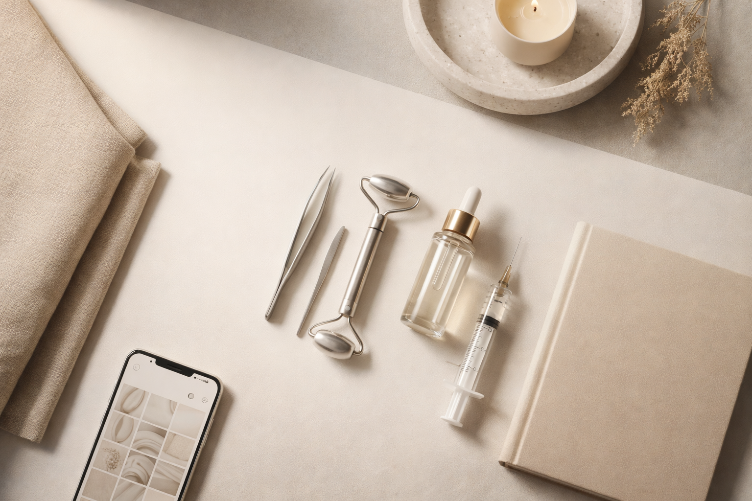 Flat lay of skincare tools, a smartphone with a beige and white abstract wallpaper, a beige cloth, a small candle, a book, and dried flowers on a light-colored surface.