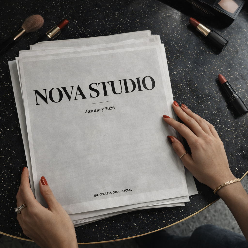 A person with manicured nails and jewelry holding a printed sheet titled 'NOVA STUDIO' on a black glittery surface, with makeup brushes and lipsticks surrounding it.
