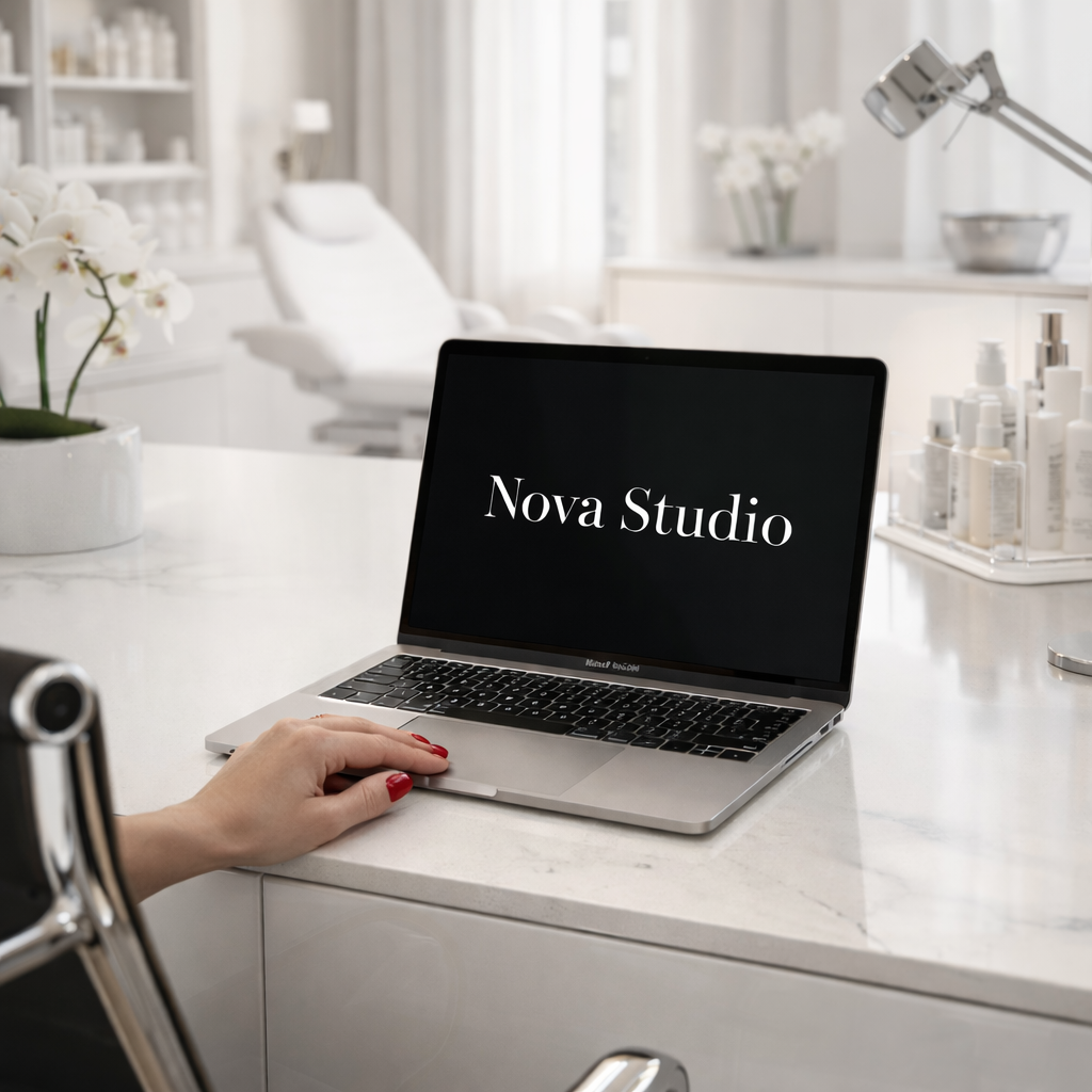 A laptop on a white counter displays the words "Nova Studio" with a hand resting nearby, in a clean, modern, white medical or spa clinic.
