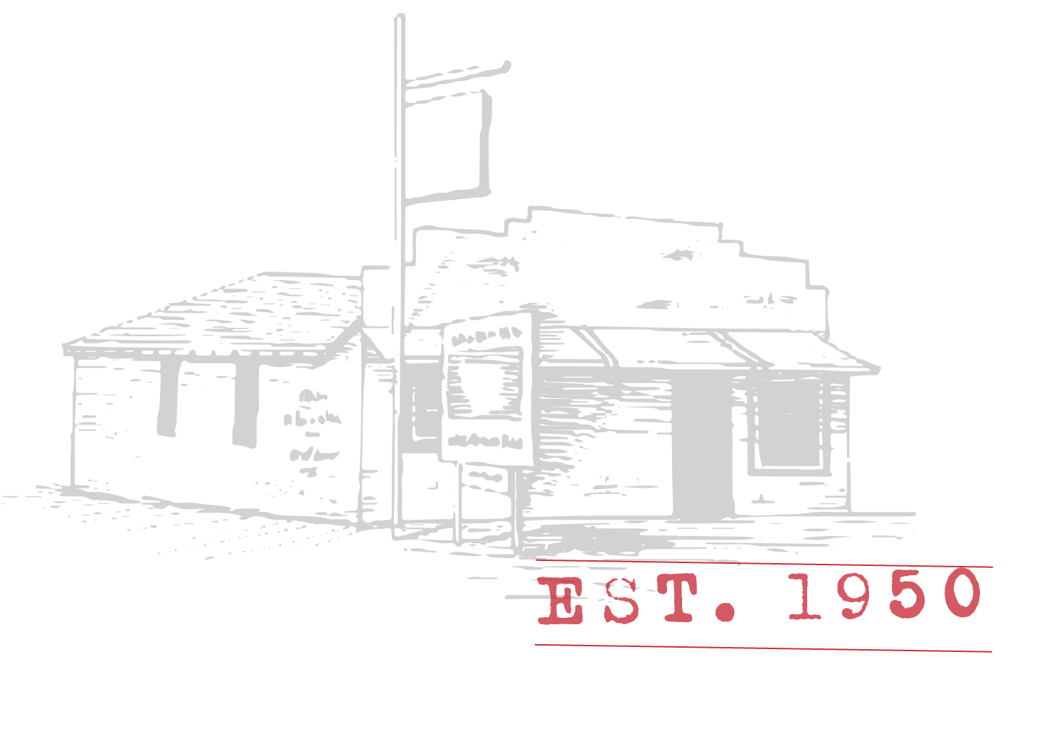 Line drawing of an original Phil's Oyster Bar building with an American flag, with text "EST. 1950" in red.