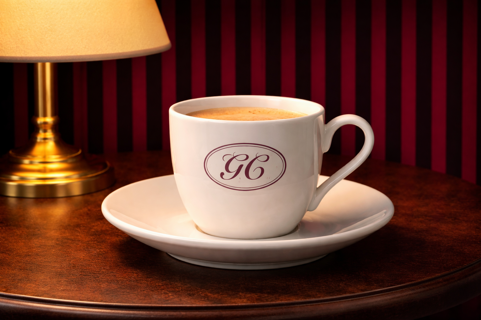 A white coffee cup with a saucer, filled with coffee, on a wooden table next to a brass lamp in a dimly lit room with dark red and black striped wallpaper.