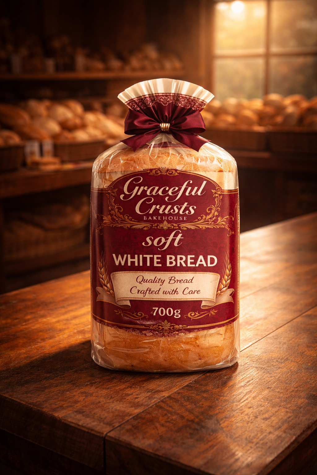 A loaf of white bread in clear plastic packaging with a burgundy and gold label, tied with a burgundy ribbon, on a wooden table in a bakery with shelves of bread in the background.