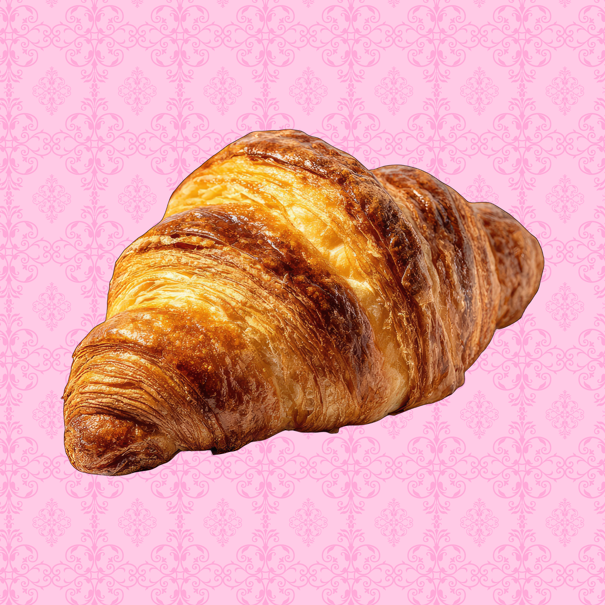 A golden-brown croissant on a pink background with a decorative pattern.