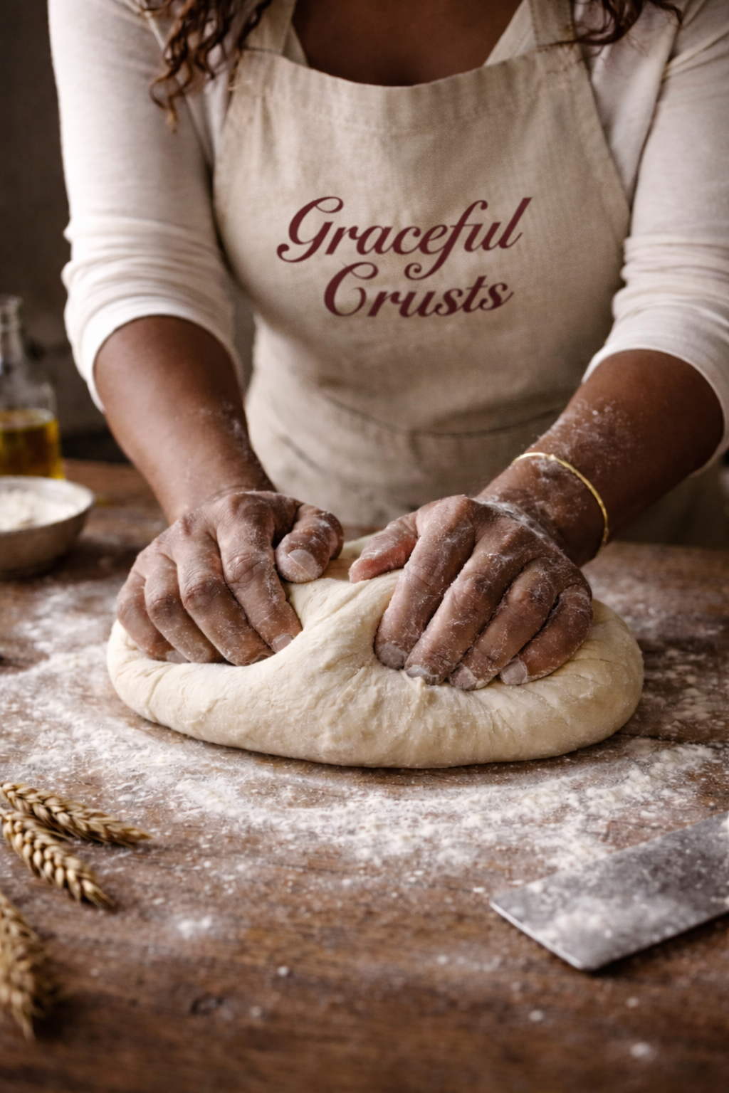 Person kneading dough on a floured wooden surface, wearing a beige apron that says 'Graceful Crusts', with wheat stalks and baking tools around.