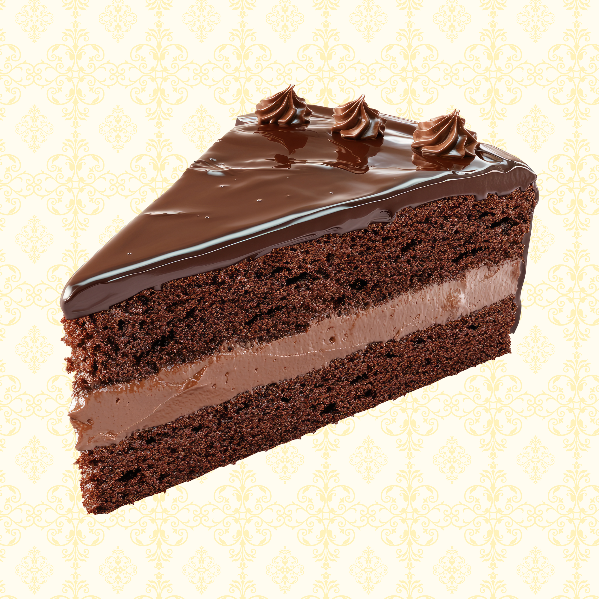 A slice of chocolate cake with glossy chocolate frosting and three decorative swirls of chocolate on top, layered with chocolate frosting.