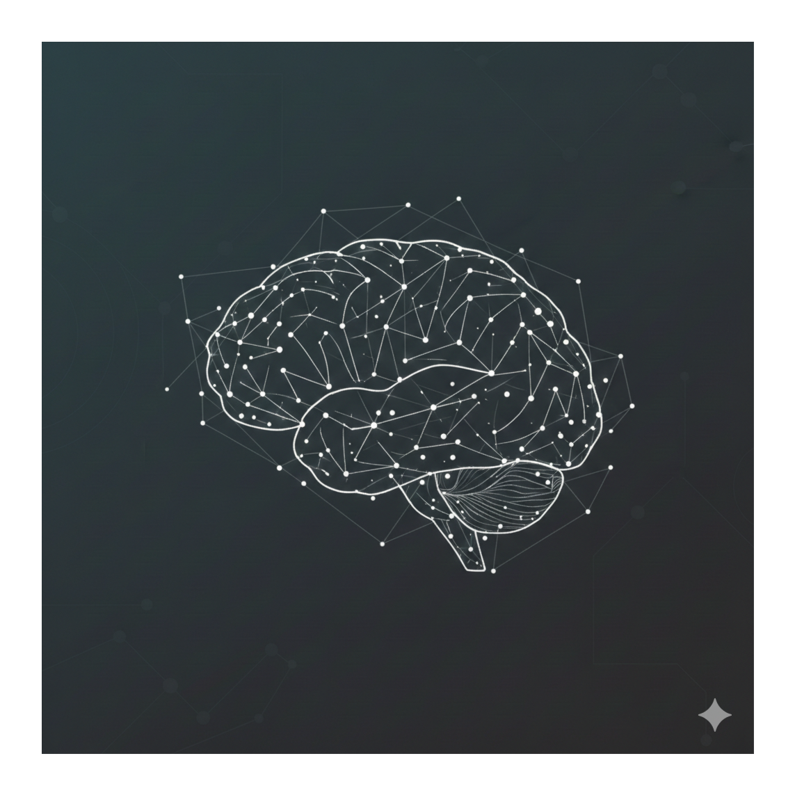 Digital illustration of a human brain made up of interconnected white dots and lines on a dark background.