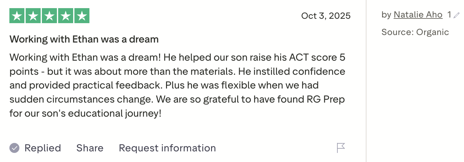 Screenshot of a review with five green stars, dated October 3, 2025, about working with Ethan, mentioning his positive impact on a child's education, confidence, and flexibility. The review is written by Natalie Aho.