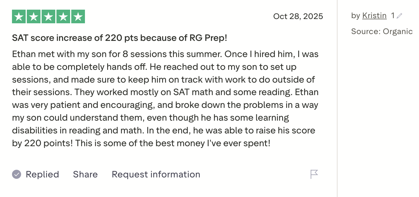 A screenshot of a review post with five green stars at the top, a date of October 28, 2025, and a byline to Kristin. The review discusses a SAT score increase of 220 points due to RG Prep, mentioning Ethan's sessions with a parent praising his patience and progress.