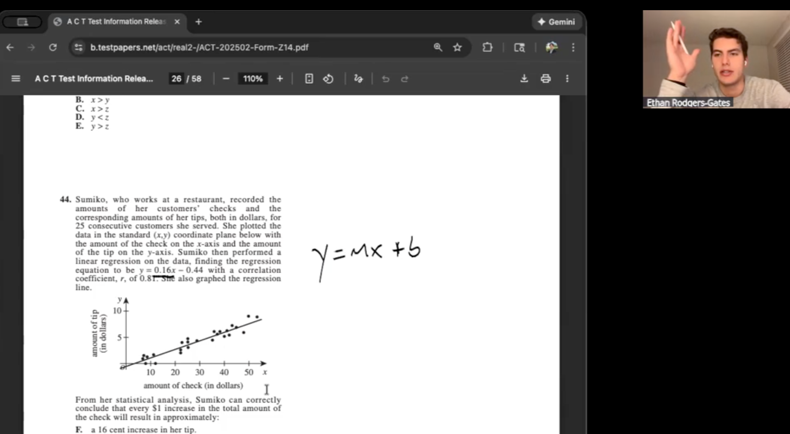 Screenshot of an online lecture with a presenter named Ethan Rodgers-Gates in the top right corner. The main screen displays a PDF document titled 'ACT Test Information Release,' showing a multiple-choice question, a handwritten regression equation (Y = MX + 5), and a scatter plot with a regression line about the relationship between the amount of check and tips in dollars.