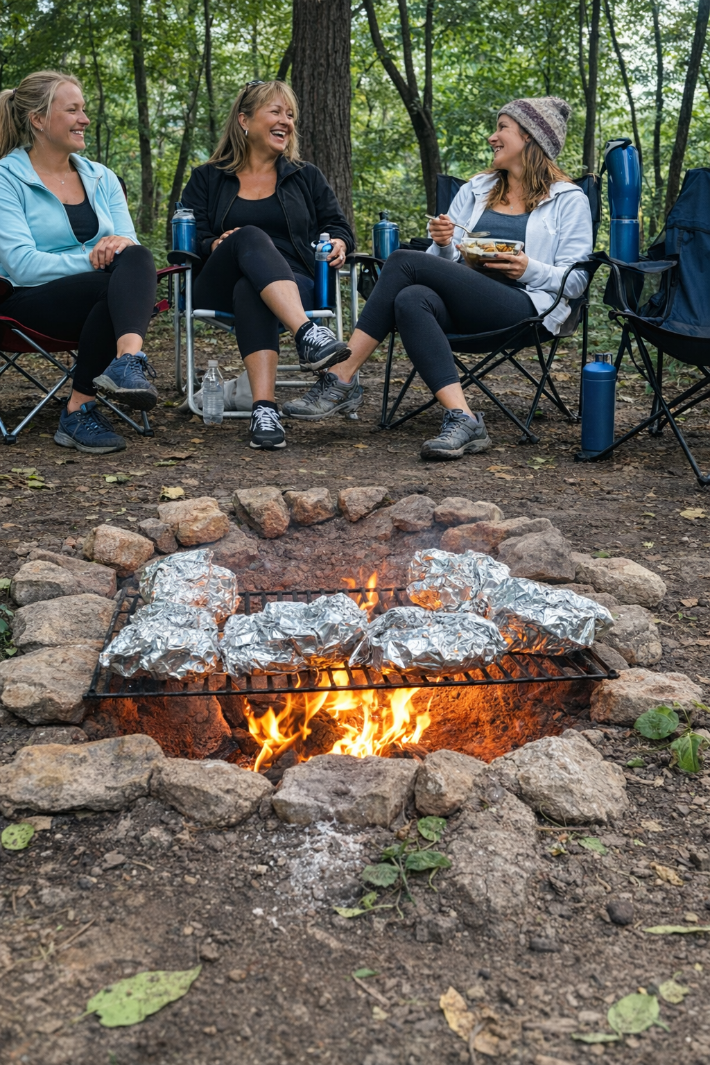 women campfire cooking in western wisconsin
