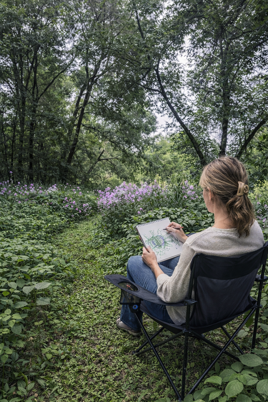 woman sketching wildflowers in a woodland clearing