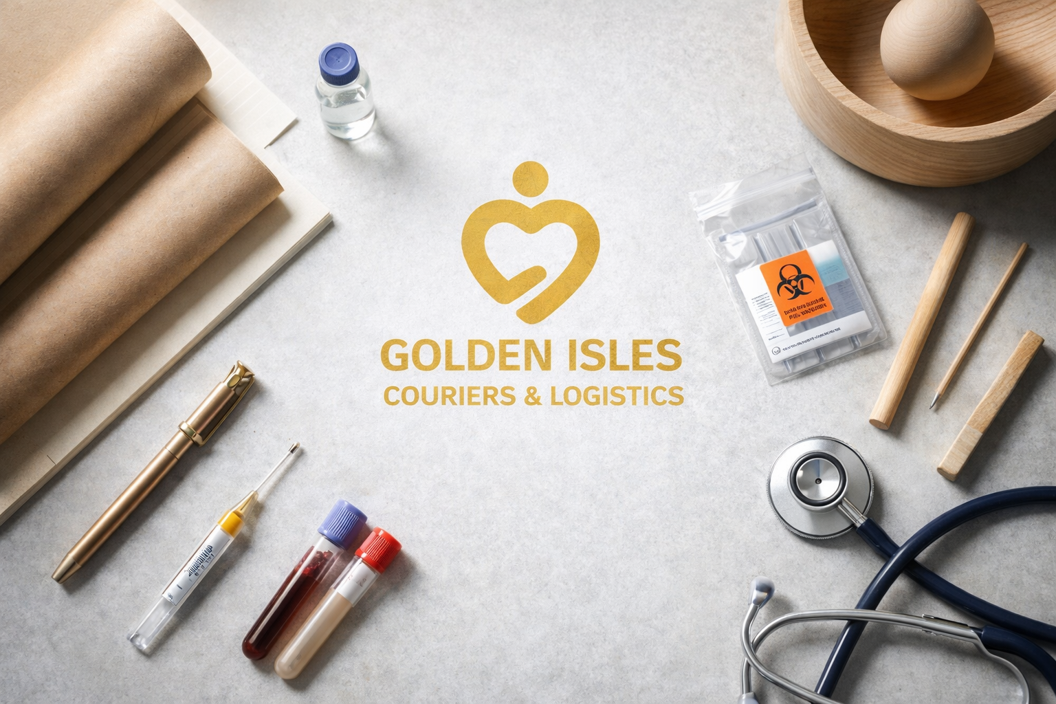 Arrangement of medical and logistical items around a logo for Golden Isles Couriers & Logistics, including a stethoscope, test tubes, a bottle of water, packaged biohazard items, pens, a wooden bowl, paper, and other office supplies.