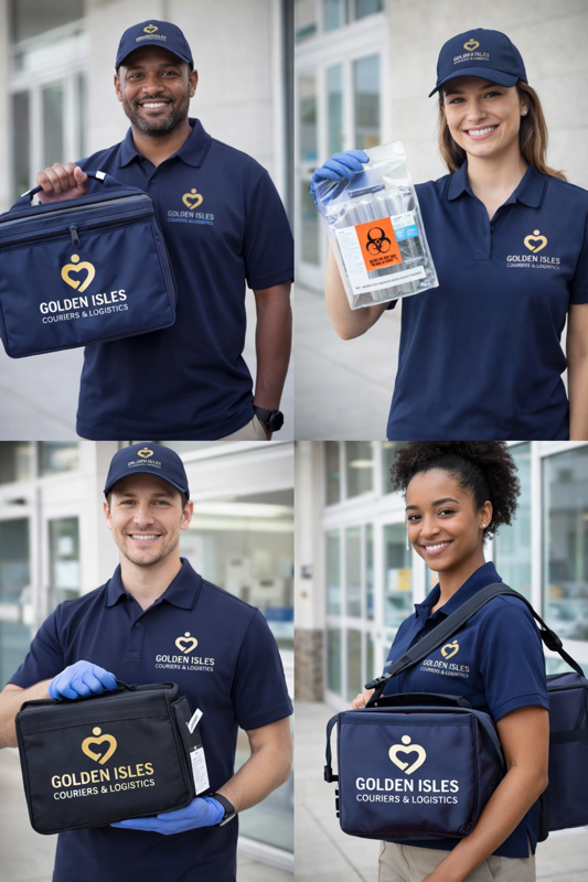 Four diverse Golden Isles Couriers & Logistics employees smiling with courier bags and equipment outside an office building.