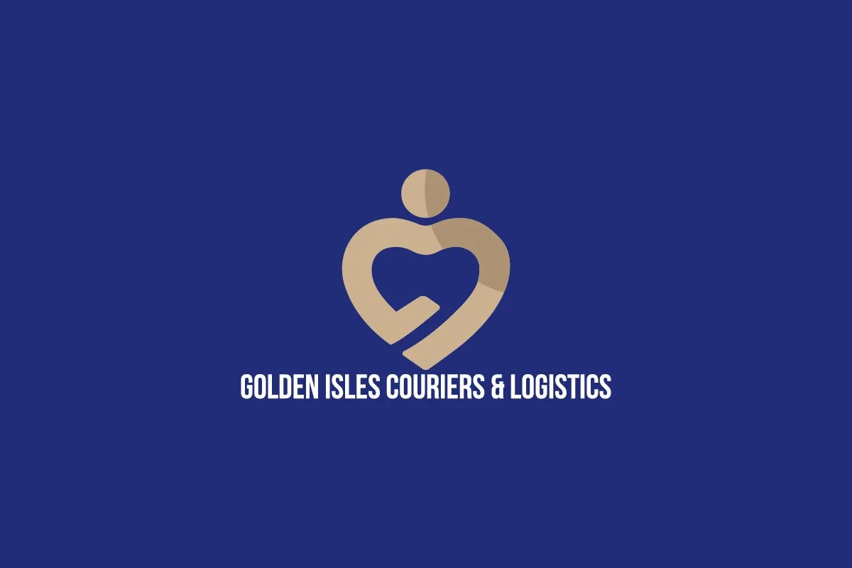 Logo of Golden Isles Couriers & Logistics with a stylized heart and person icon in gold on a blue background.