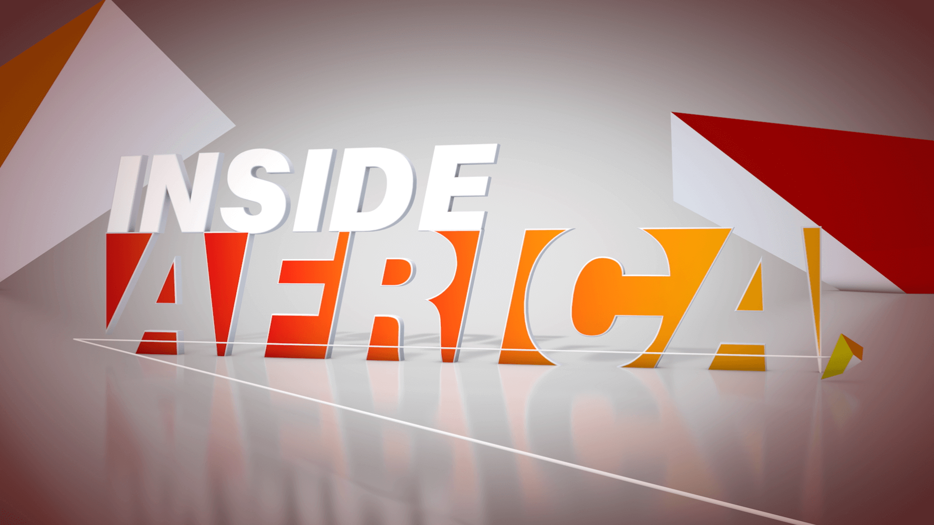 Text graphic reading 'Inside Africa' with 3D letters in white, red, and orange, set against a gradient background with geometric shapes and reflections.