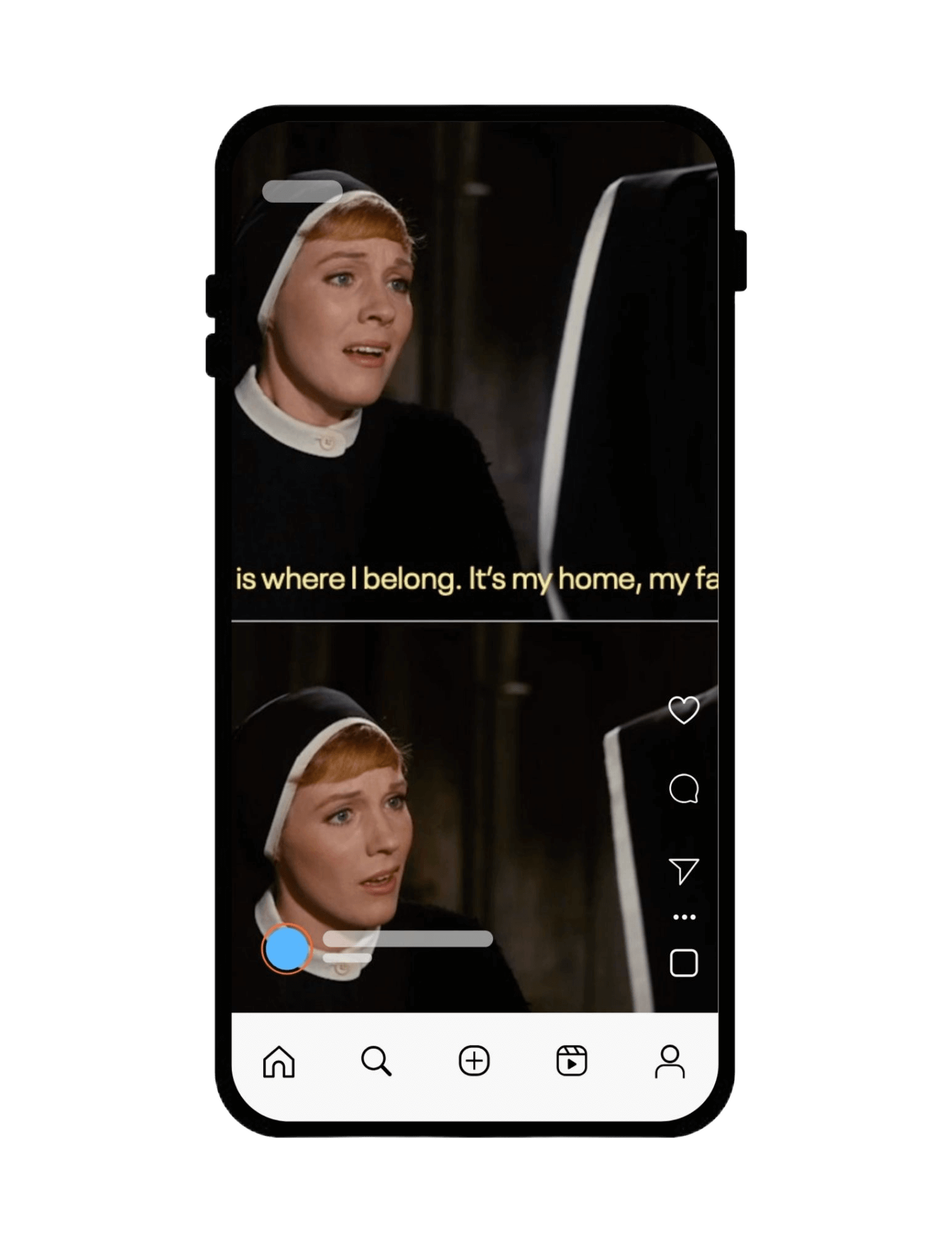 A woman dressed as a nun looking at a computer monitor, with subtitles reading, 'is where I belong. It's my home, my fa' and her facial expression appears emotional.