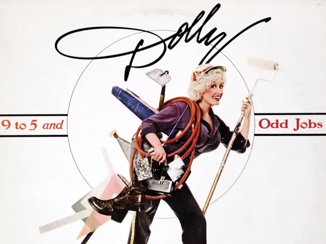 The image features a woman with gray curly hair dressed as a stereotypical handyman or handyman with tools, a drill, and a paint roller, holding a paint roller in her right hand and carrying various tools and supplies. The background includes text that says 'Dolly' at the top, '9 to 5 and' on the left, and 'Odd Jobs' on the right.