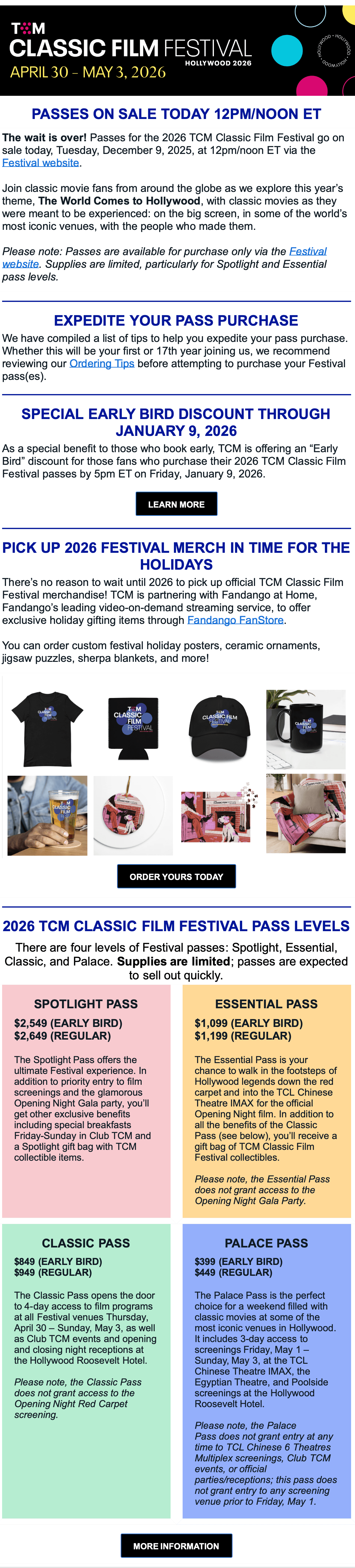 Digital poster advertising the 2026 TCM Classic Film Festival from April 30 to May 3, 2026, detailing ticket sale times, pass options, early bird discounts, festival merchandise, and tiered pass levels.