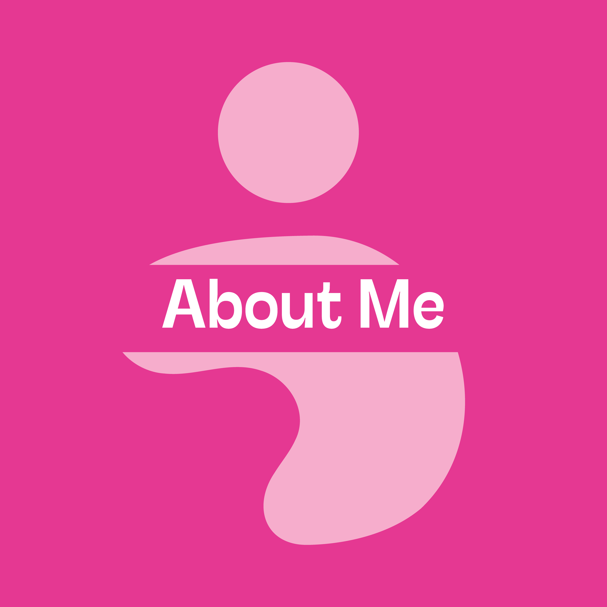 Pink background with an abstract figure and the text 'About Me' in the center.