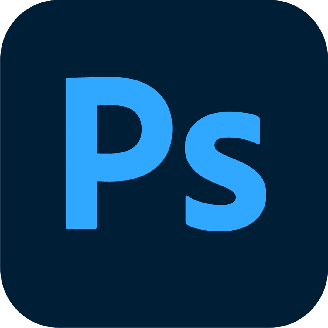 Adobe Photoshop icon with blue letters 'Ps' on dark background.