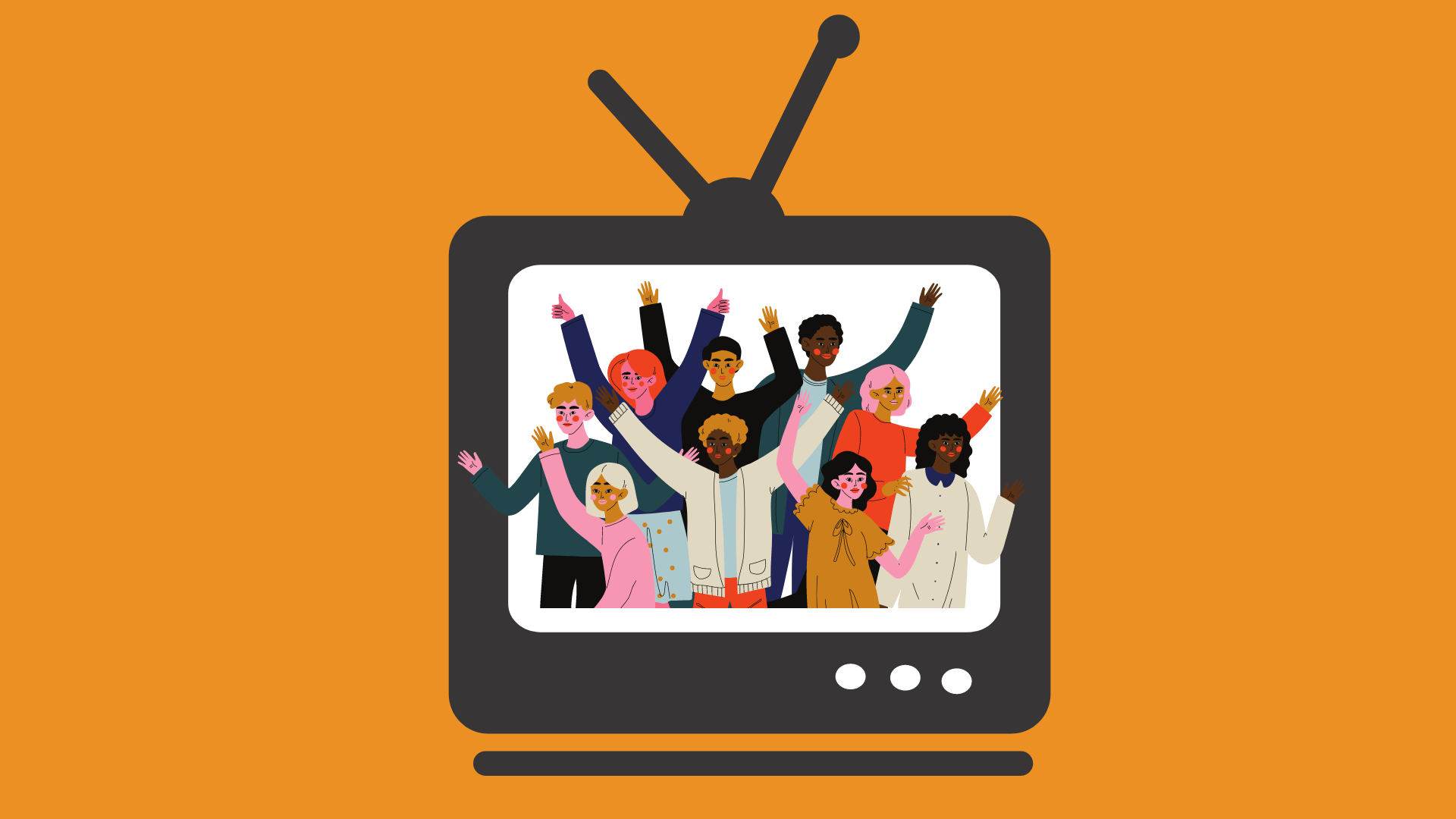 Animated illustration of diverse people smiling and waving inside a vintage television screen, set against an orange background.
