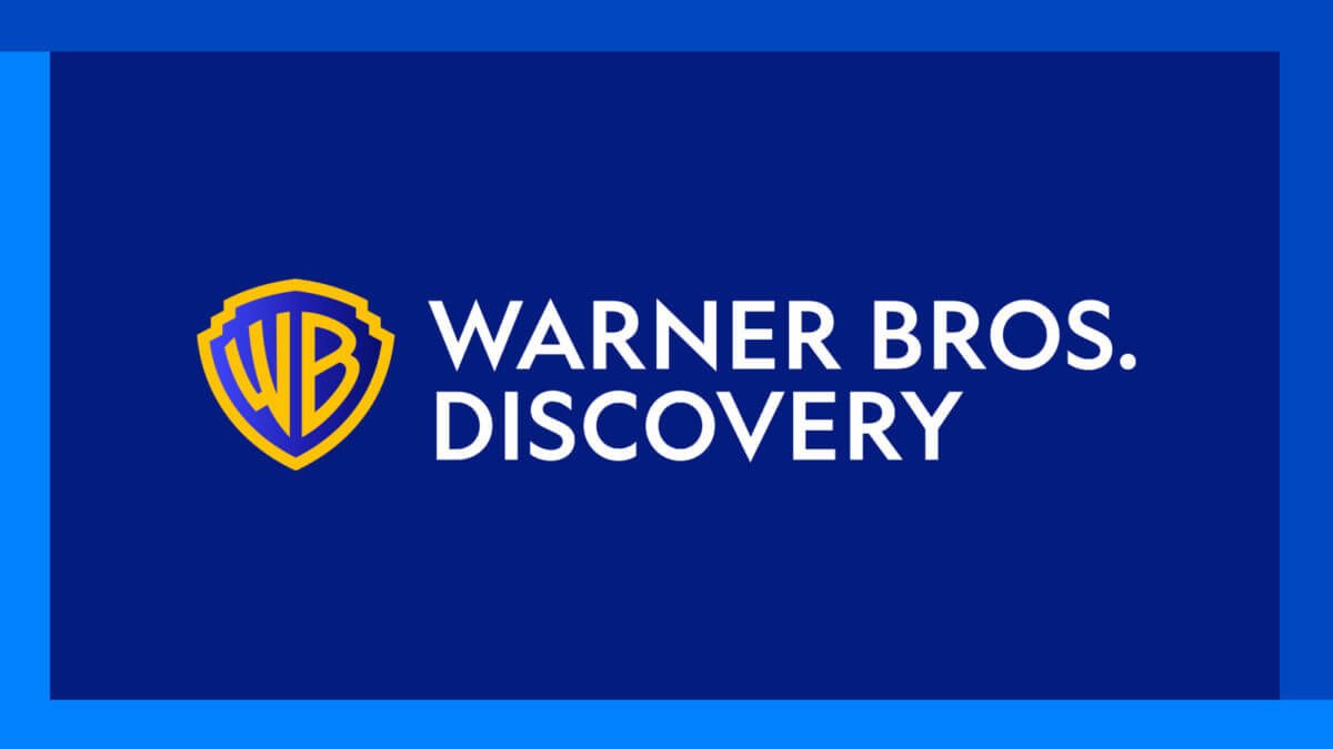 Warner Bros. Discovery logo with blue background, yellow shield emblem, and white text.