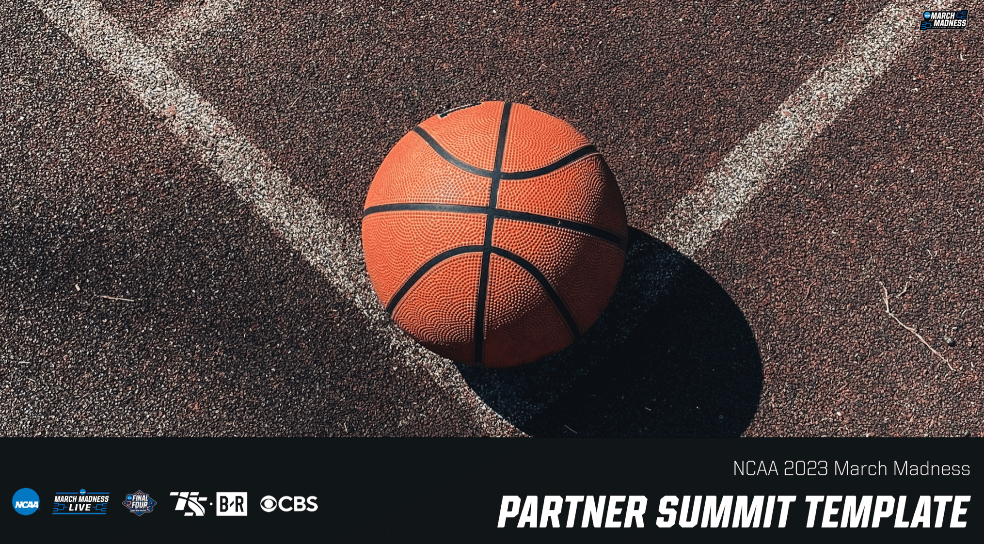 A basketball resting on a basketball court with white lines, casting a shadow. The image includes NCAA March Madness branding and text.