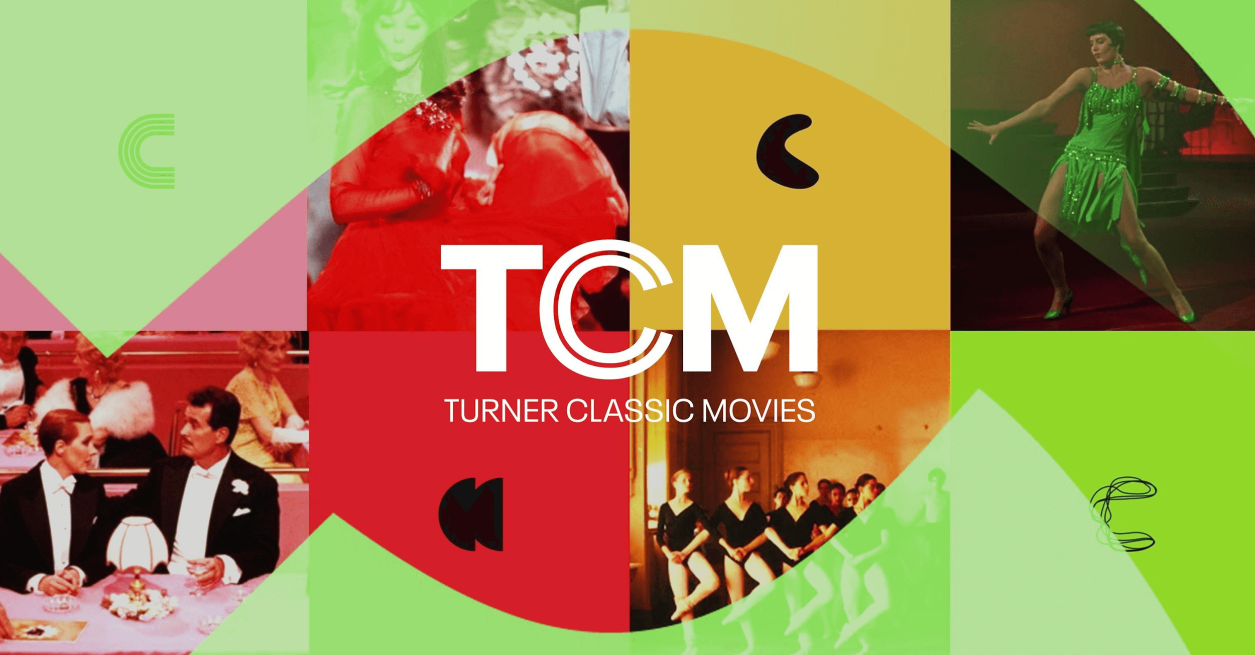 Collage of scenes from classic Turner Movies, featuring a woman in green costume, a dancing scene, a romantic couple, and a group of women in uniform, with the TCM logo and the text 'Turner Classic Movies' in the center.