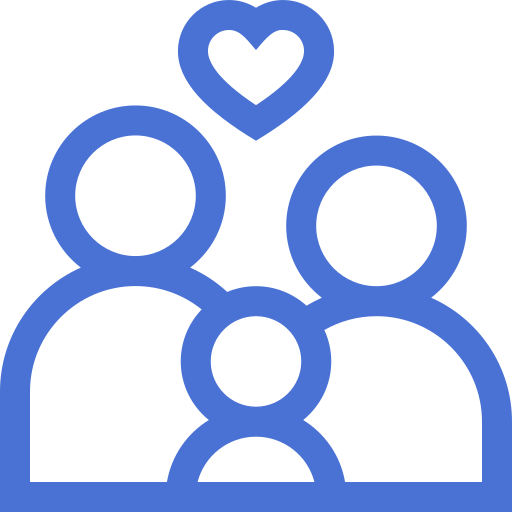 Outline drawing of a family with two adults, two children, and a heart above them, all in blue.