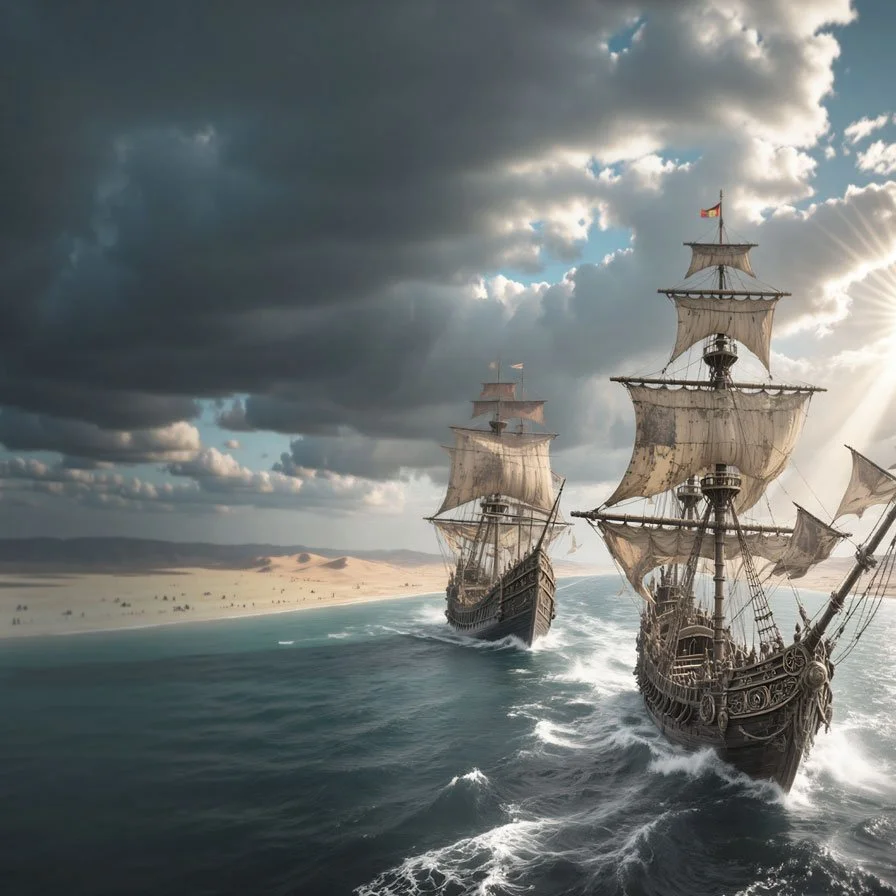 Two large sailing ships with billowing sails navigating through the ocean near a sandy coastline under a cloudy sky with the sun partially obscured.