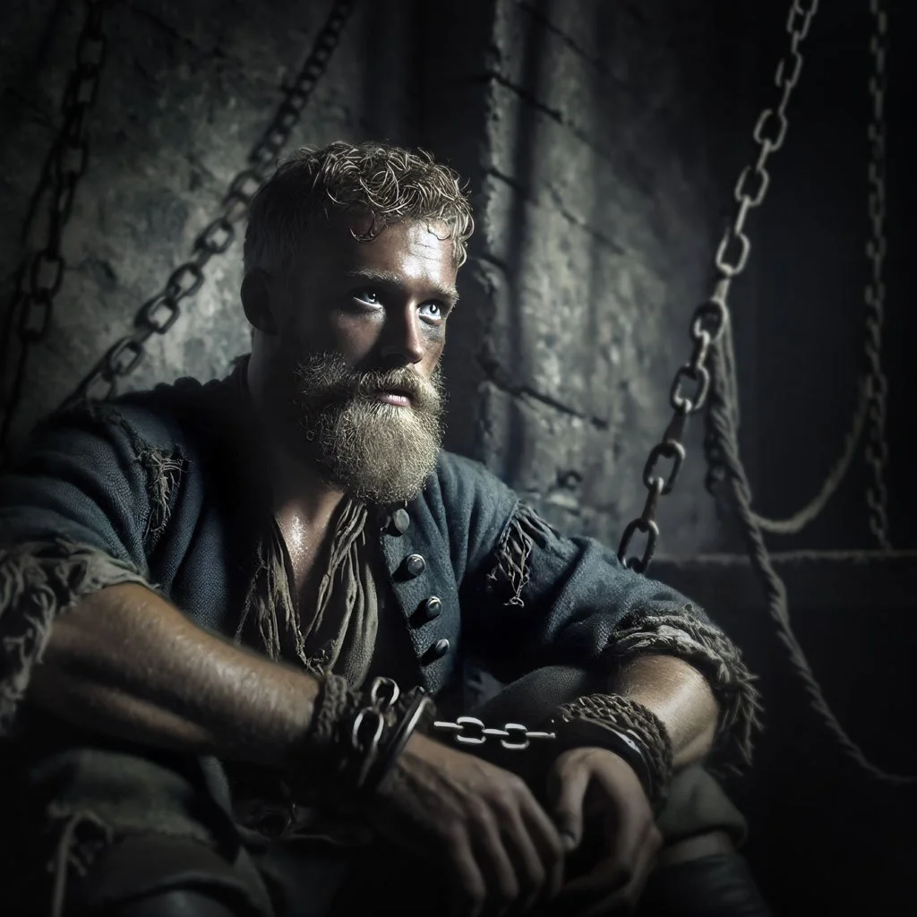One of three main characters in book one - Judd sits with chains around his wrists, looking upward with a serious expression in a dark, stone-walled setting.