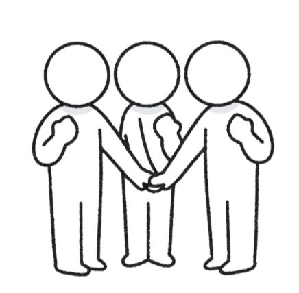 Three simple line-drawn figures holding hands in a circle.
