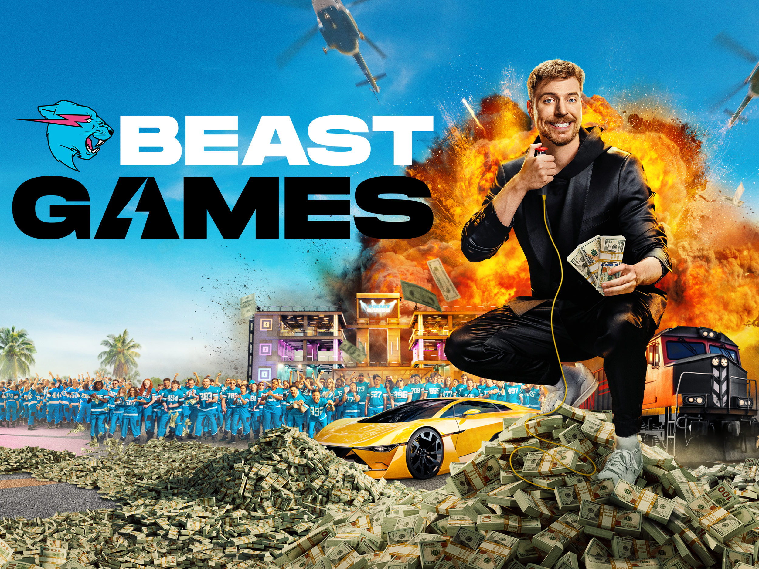 A man crouching on a pile of cash holding a stack of money, with an explosion and helicopters in the background. The scene includes a yellow sports car, a train, and a large group of people in blue uniforms. The text on the image reads "BEAST GAMES" with a stylized animal logo.