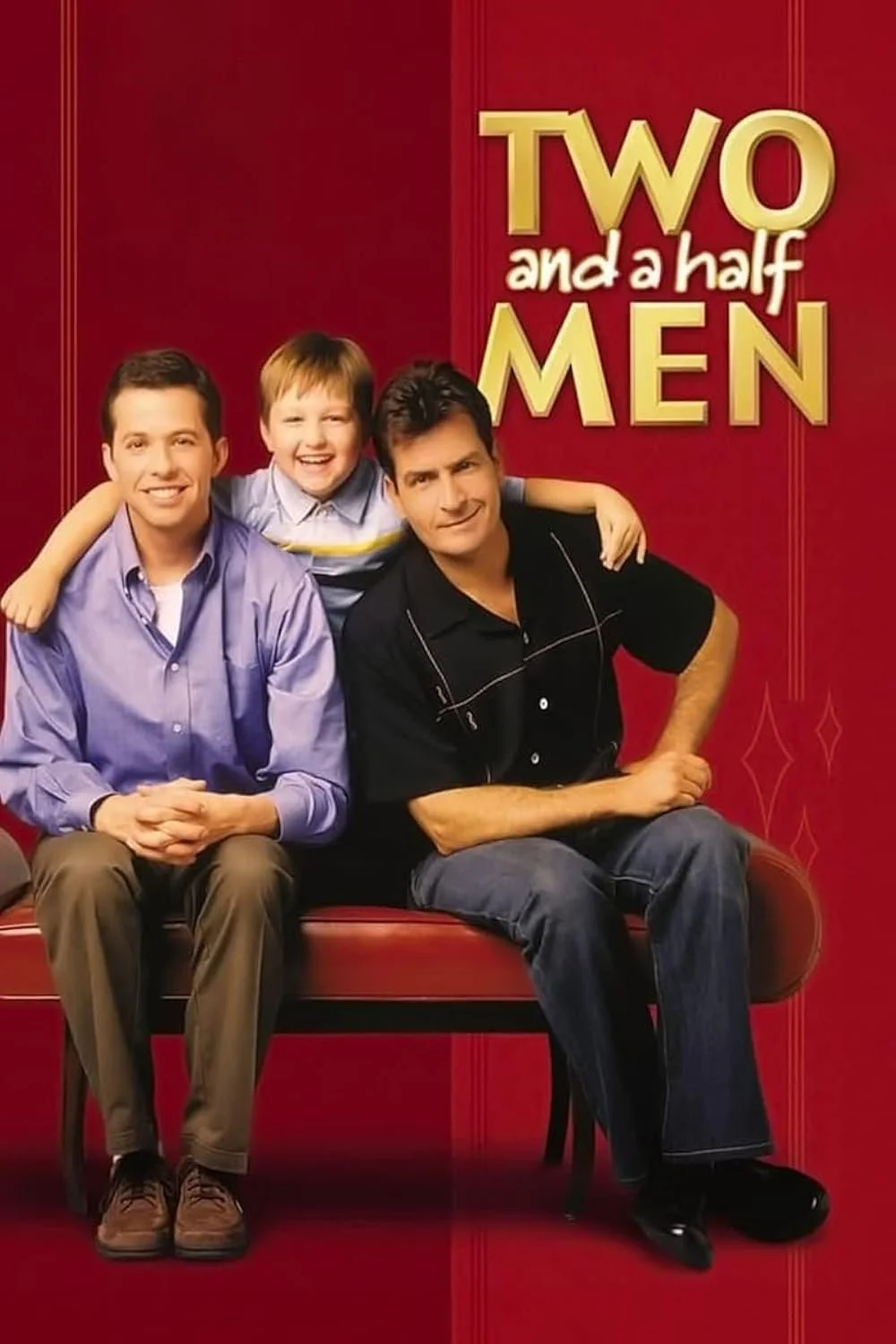 Cover of the TV show "Two and a Half Men" featuring three male characters sitting on a red sofa against a red background, with the show's title displayed in yellow and white text in the upper right corner.