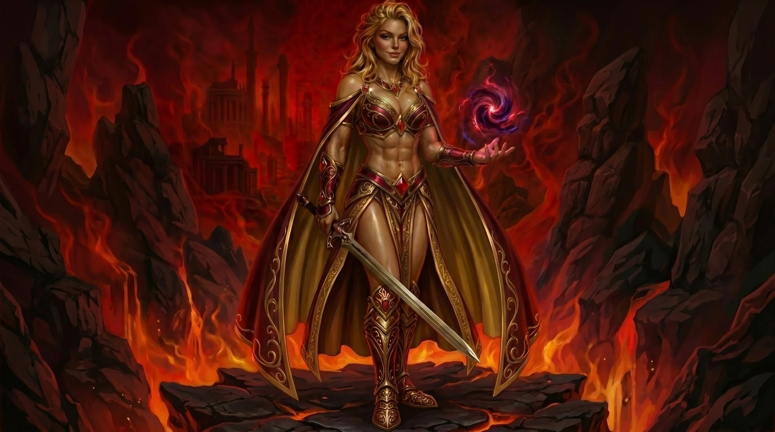 A female warrior with long blonde hair, wearing ornate red and gold armor, holding a sword, standing in a fiery, volcanic landscape with lava and dark mountains in the background.