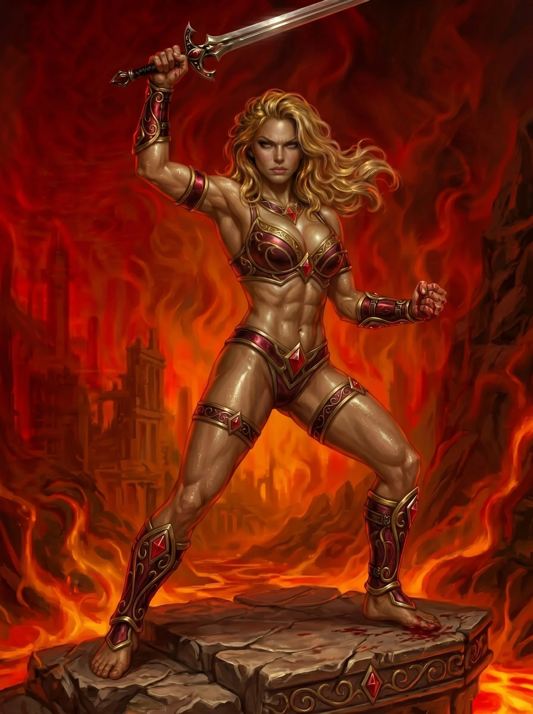 A fierce female warrior with long blonde hair, muscular build, and determined expression, holding a large sword above her head, standing on a stone platform amidst fiery flames.